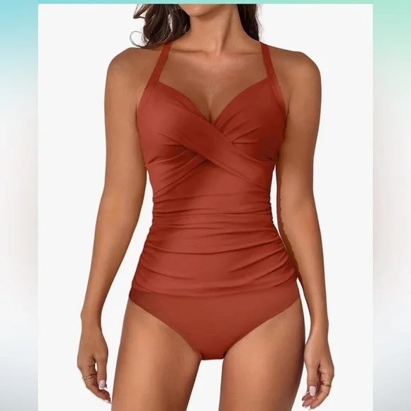 NWT Rust Halter Ruched Crossover One-Piece Swimsuit - XL - Picture 2 of 10